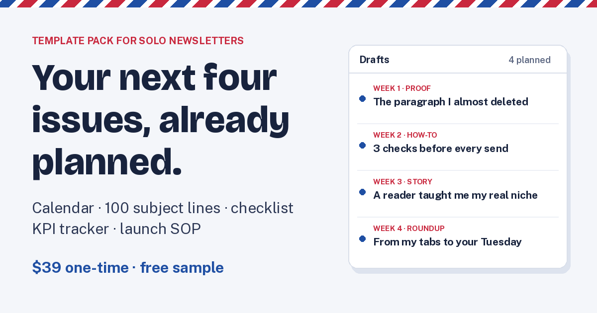 Solo Newsletter OS — content calendar, 100 subject lines & launch SOP for solo newsletters ($39)